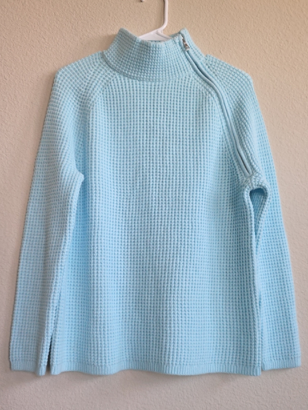 NWT Ann Taylor Light Blue Waffle Knit Mock Neck Sweater Side Neck Zipper Sz S